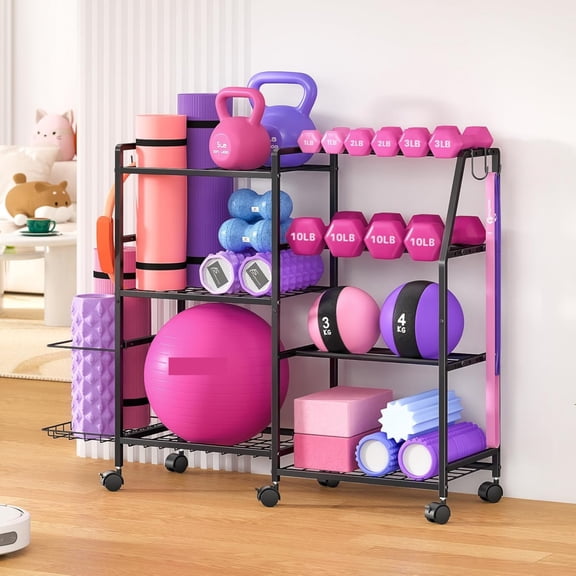 Dumbbell Rack, Weight for Home Gym, Yoga Mat Storage Exercise Equipment with Wheels and Hooks, Organizer Kettlebells