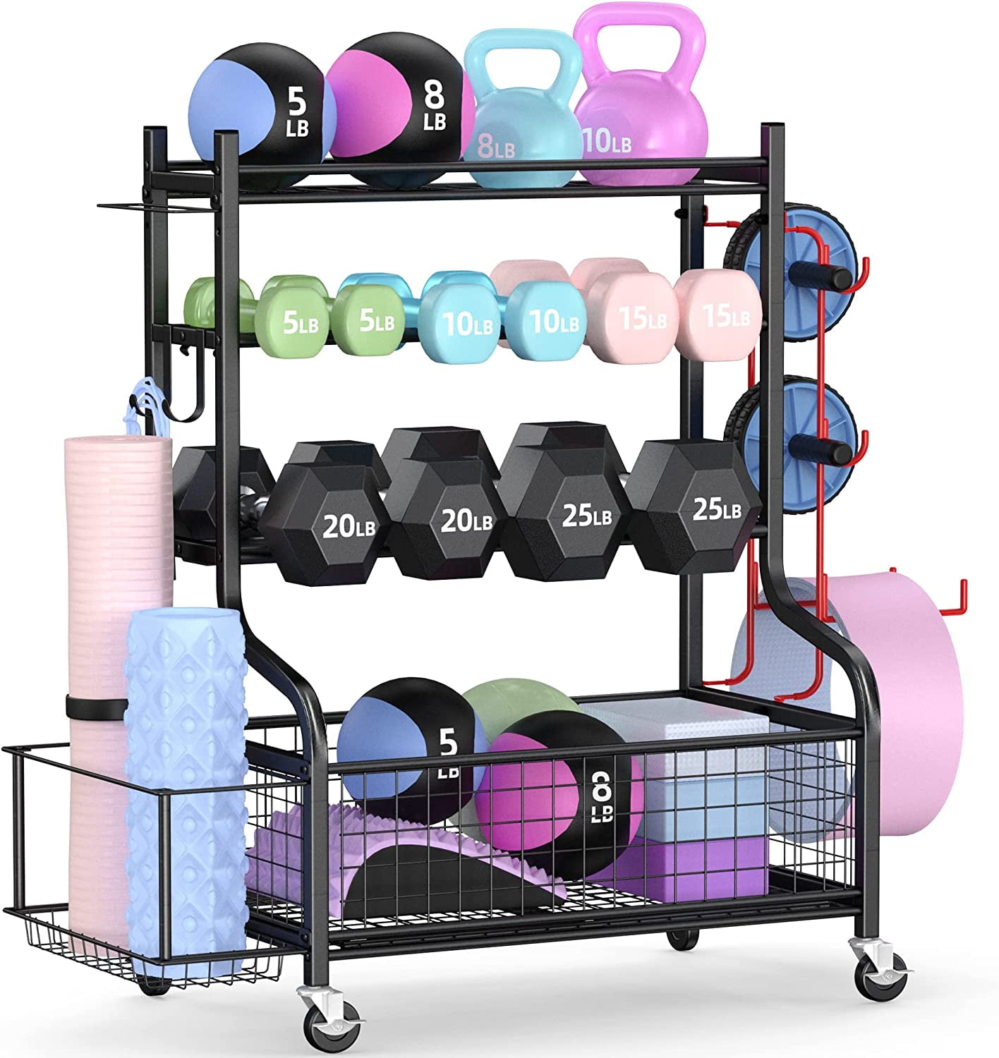 Dumbbell Rack with Wheels, Home Gym Storage Rack for Dumbbells, Kettlebells & Workout Equipment, All-in-One Weight Rack Organizer with Hooks & Basket, Heavy Duty Steel Fitness Stand