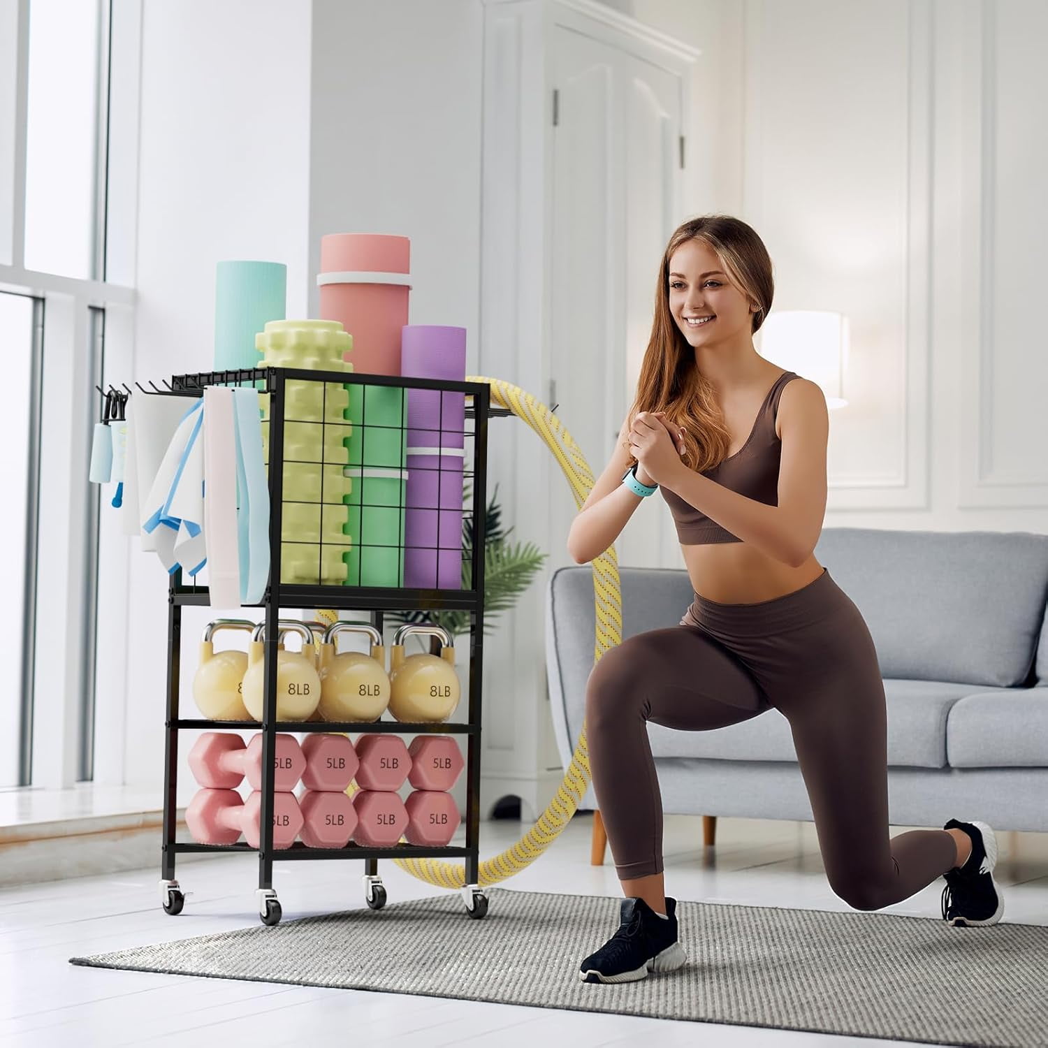 Dumbbell Rack for Home Gym Yoga Mat Storage Rack Black Workout Equipment Storage Organizer with Hooks and Wheels