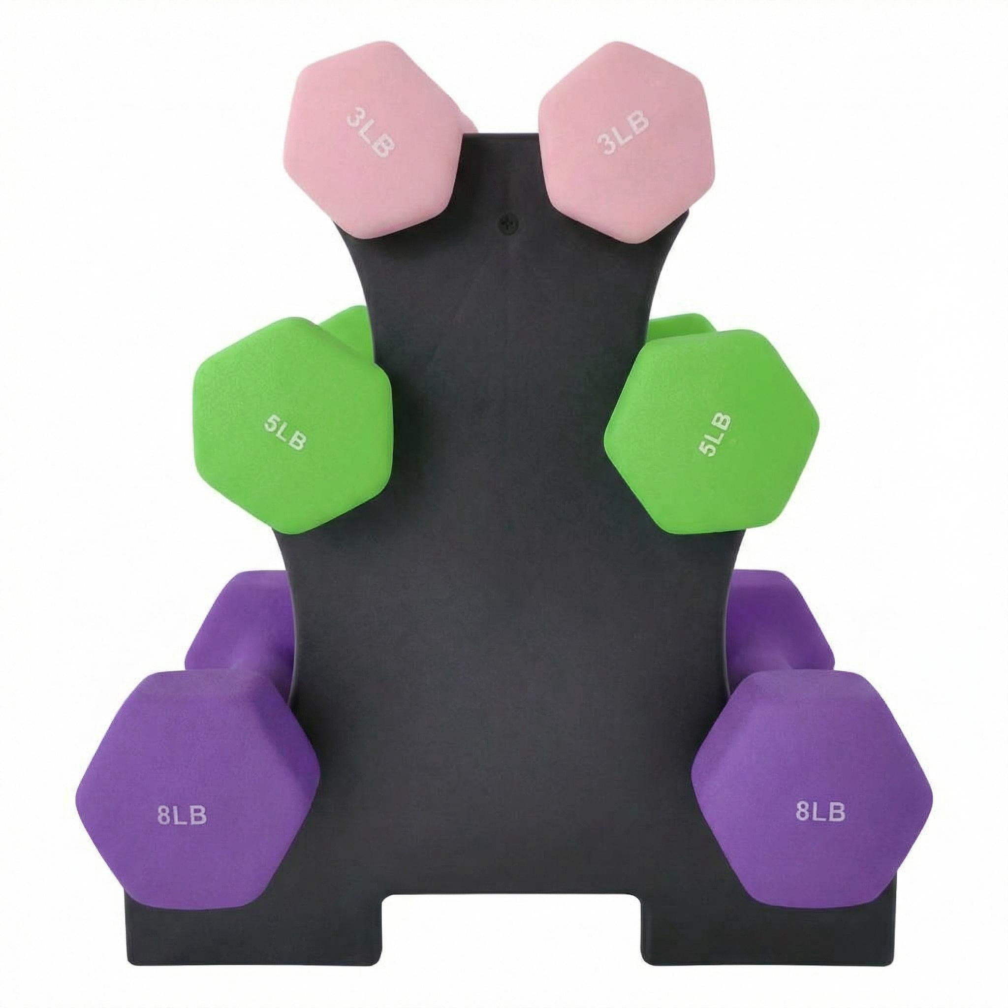 Dumbbell Set with Rack, 6-Piece Free Weights Set (Pairs of 3lb, 5lb, 8lb) for Home Gym, Durable Plastic-Injected Steel Hand Weights with Foldable Iron Storage Stand,32 lbs Total