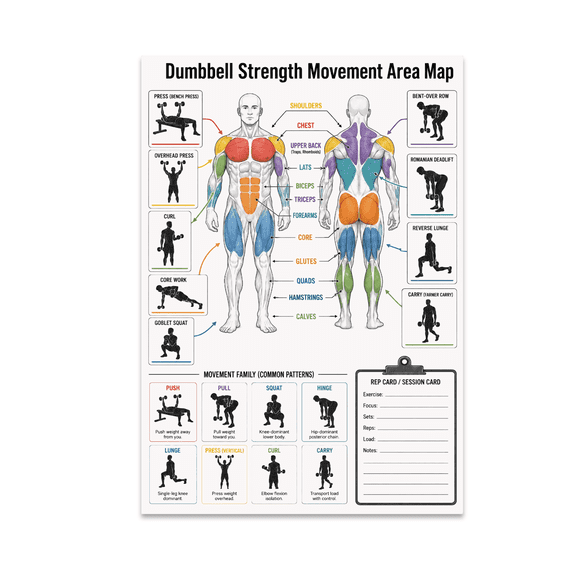 Dumbbell Strength Movement Area Map Poster, Gym Beginners, Personal Training Spaces, and Home Workout Areas, 13x19 Glossy Paper