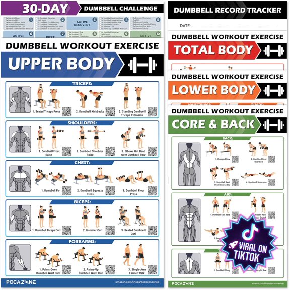 Dumbbell Workout Exercise Poster (11"x17")  Build a Clear Home Gym Routine, 6-Pack Weight Lifting Guide Charts with QR Code Video, Record Tracker & 30-Day Challenge for Men and Women