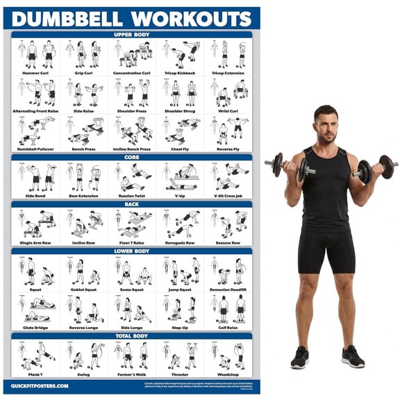 Dumbbell Workout Poster 16 x 24 Inch  Strength Training Exercise Chart for Home Gym, Laminated Fitness Guide Wall Chart