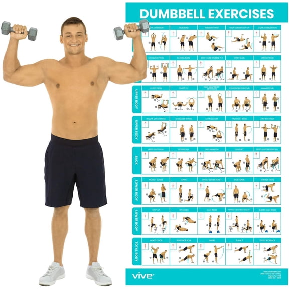 Dumbbell Workout Poster - Home Gym Exercise for Upper, Lower, Full Body - Laminated Bodyweight Chart for Back, Arm, Core and Legs - Free Weight Building Guide For Men, Women, Elderly (30" x 17")