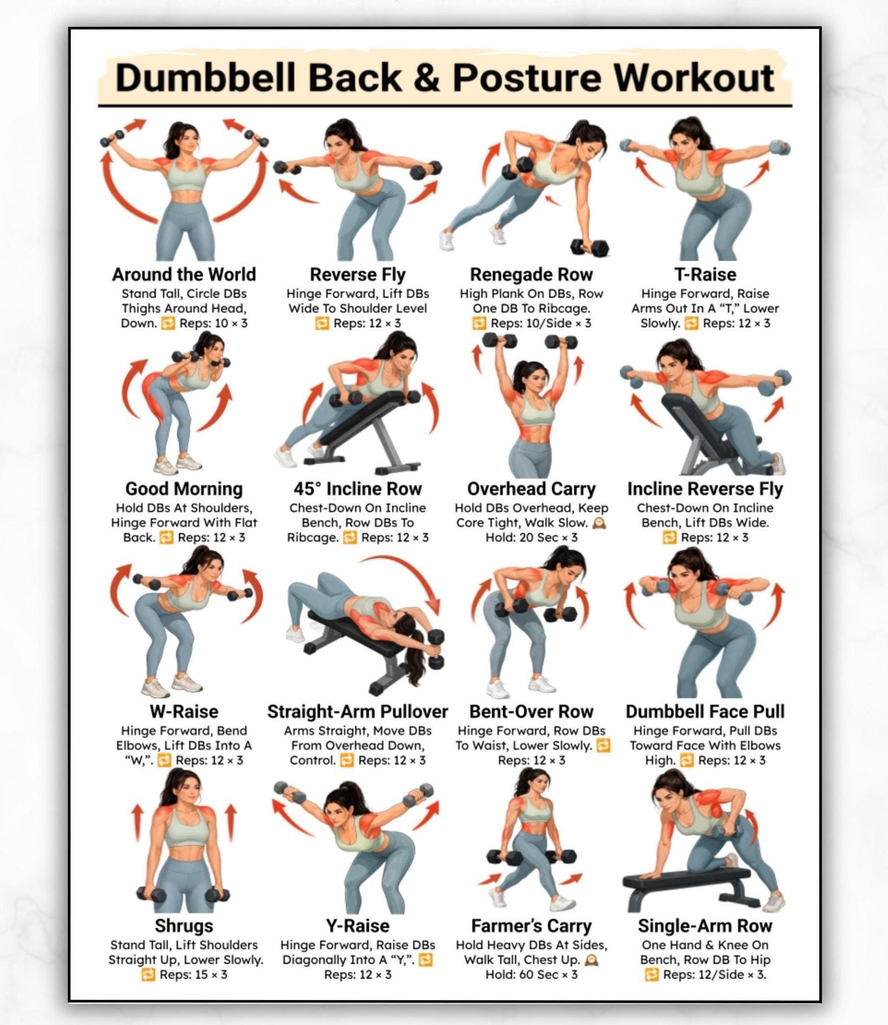 Dumbbell back and posture workout illustrated fitness guide for poster ...