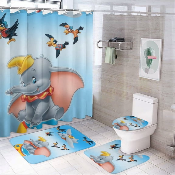 Dumbo 4 Pcs Shower Curtain Set with Non-Slip Rug, Toilet Lid Cover and Bath Mat, Colorful Waterproof Shower Curtain with 12 Hooks, Bathroom Decor Accessories 72" x 72"