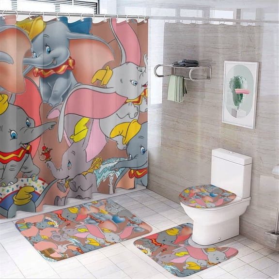 Dumbo 4 Pcs Shower Curtain Set with Non-Slip Rug, Toilet Lid Cover and Bath Mat, Colorful Waterproof Shower Curtain with 12 Hooks, Bathroom Decor Accessories 72" x 72"
