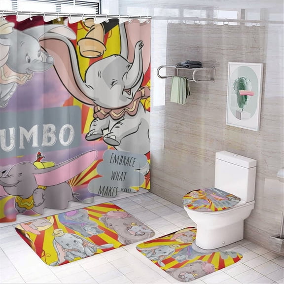 Dumbo 4 Pcs Shower Curtain Set with Non-Slip Rug, Toilet Lid Cover and Bath Mat, Colorful Waterproof Shower Curtain with 12 Hooks, Bathroom Decor Accessories 72" x 72"