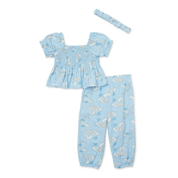 Dumbo Baby Girl Smocked Top and Pants Outfit Set with Headband, Sizes 0/3 Months-24 Months