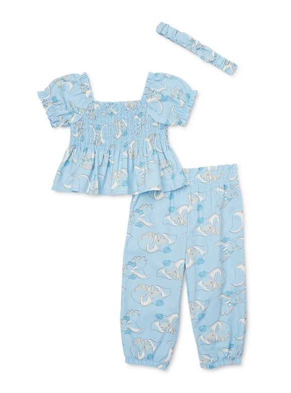 Dumbo Baby Girl Smocked Top and Pants Outfit Set with Headband, Sizes 0/3 Months-24 Months