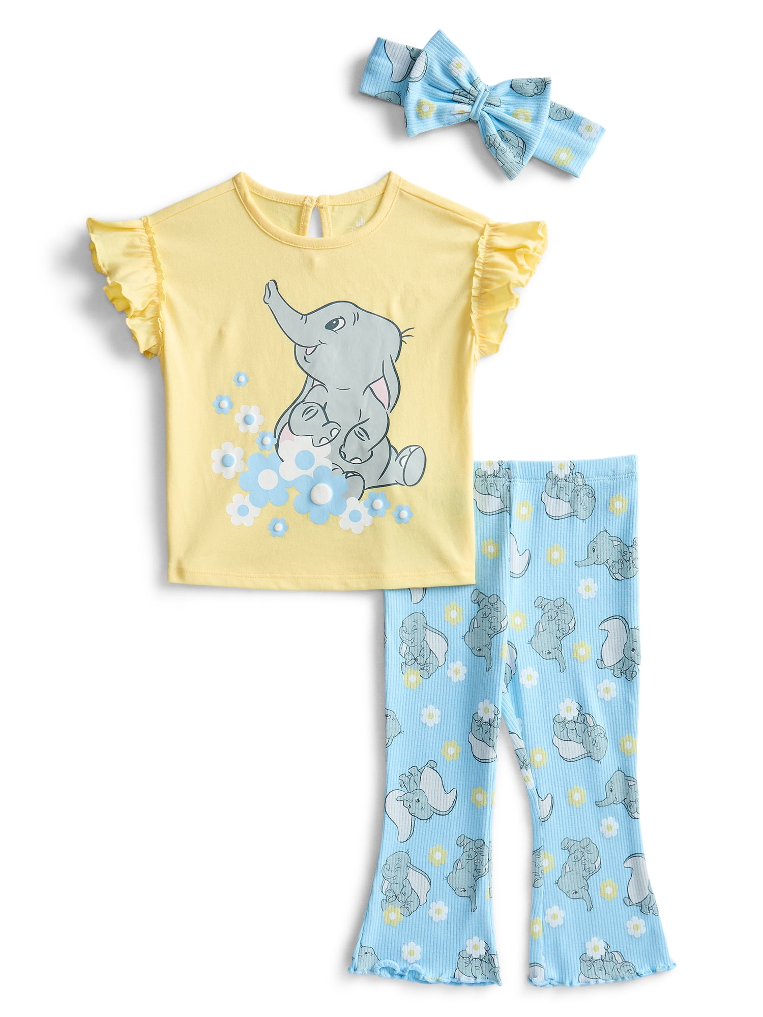 Dumbo Baby Girls Ruffle Graphic Top and Flare Leggings with Bow Headband Set, 3-Piece, Sizes 0/3M-24M
