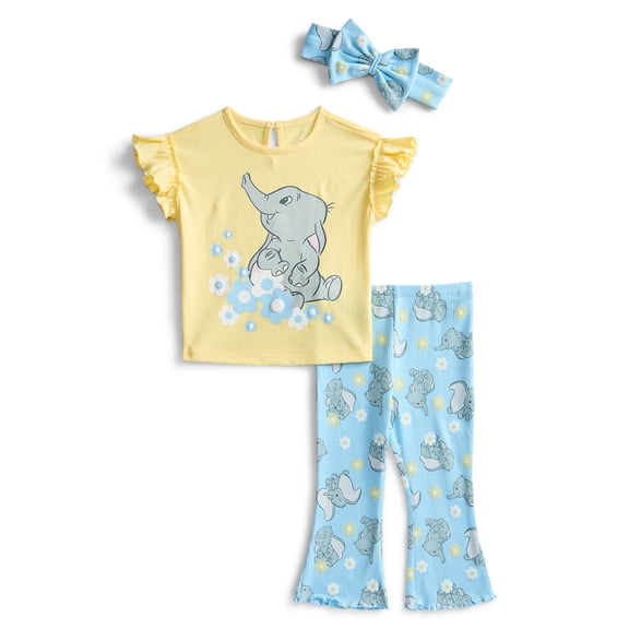 Dumbo Baby Girls Ruffle Graphic Top and Flare Leggings with Bow Headband Set, 3-Piece, Sizes 0/3M-24M