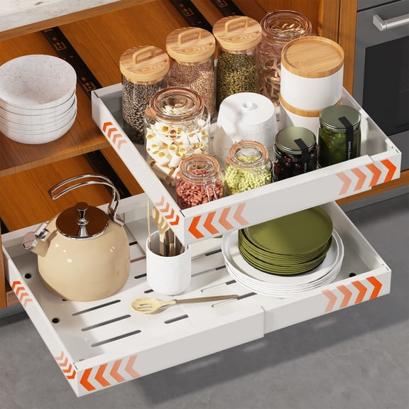 Dumekko 1 Pack Expandable Pull Out Cabinet Organizer 21" Deep, Adjustable Width 12.6"-20.5", No Drill Adhesive with Triple Track Rails, Heavy Duty Slide Out Drawers for Kitchen, Cabinets,White