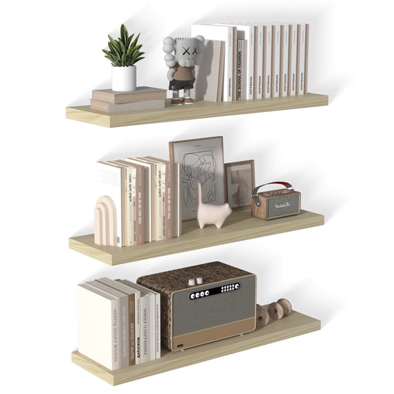 Dumekko 12 Inch Deep Floating Shelves for Wall, 40" W x 12" D x 1.2" H 3 Pack Floating Shelves Large Storage Space Wall Mount Shelf for Living Room, Kitchen, Bathroom, Oak