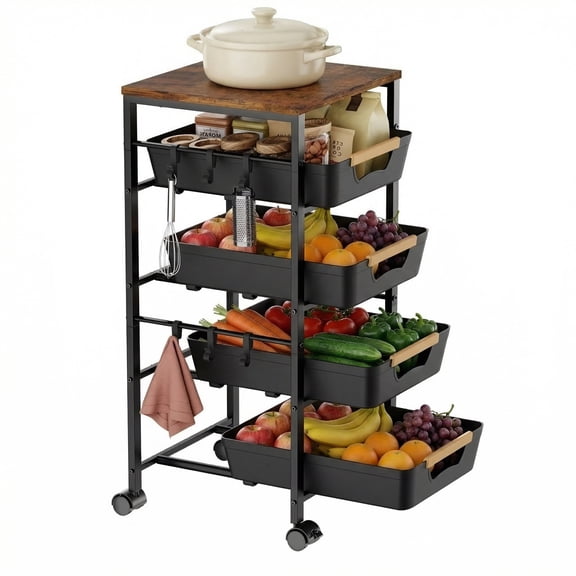 Dumekko 5-Tier Kitchen Storage Trolley & Vegetable Storage Rack with Wooden Top, Pull-Out Baskets & Lockable Wheels, Storage Cart for Bathroom、Laundry Room, Bedroom,(Blake)