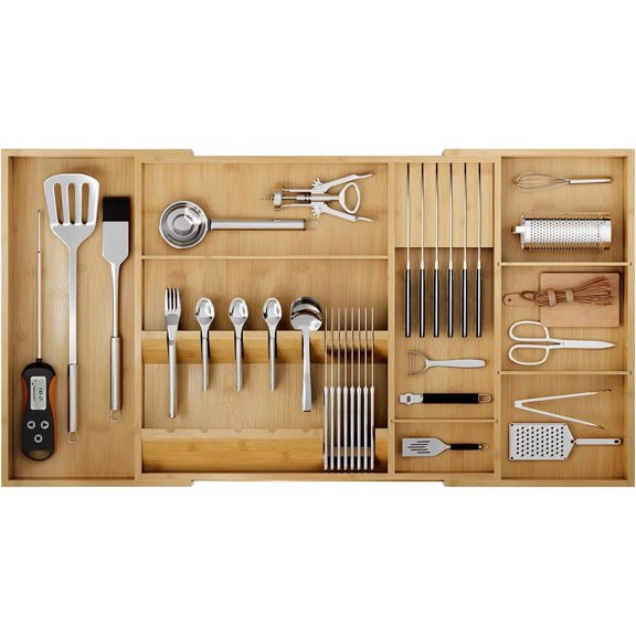 Dumekko Bamboo Silverware Drawer Organizer, 17.7-29.5 Inch Expandable Large Kitchen Drawer Organizer, 5-8 Slot Dumekko Flatware with Removable Card Slots & Knife Block for Spoon Butter Knive, Natural