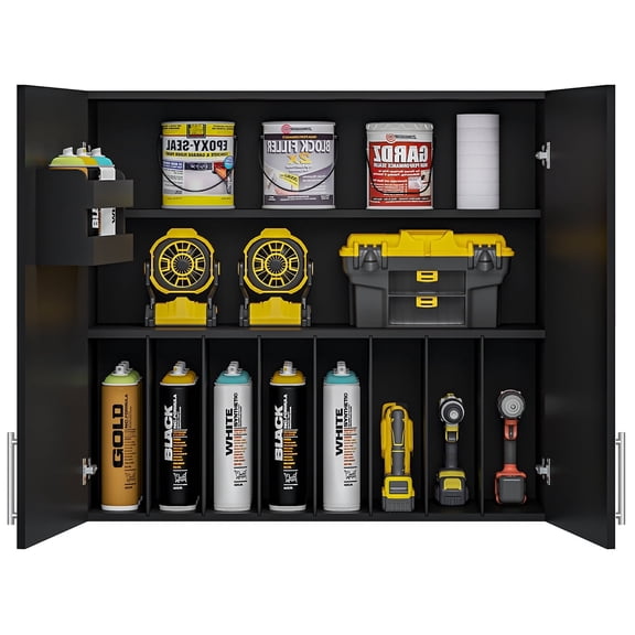 Dumekko Garage Wall Cabinets, 35" W x 12" D x 32" H Wall Mounted Cabinet with 1 Door Shelf & 7 Slide-Out Vertical Shelves, Soft Close Medicine Cabinet for Warehouses Tool Room Laundry, Black