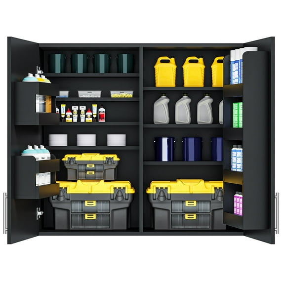 Dumekko Garage Wall Cabinets, 35" W x 12" D x 32" H Wall Mounted Cabinet with 6 Door Shelves & Adjustable Shelf, Soft Close Medicine Cabinet for Warehouses Tool Room Laundry, Black