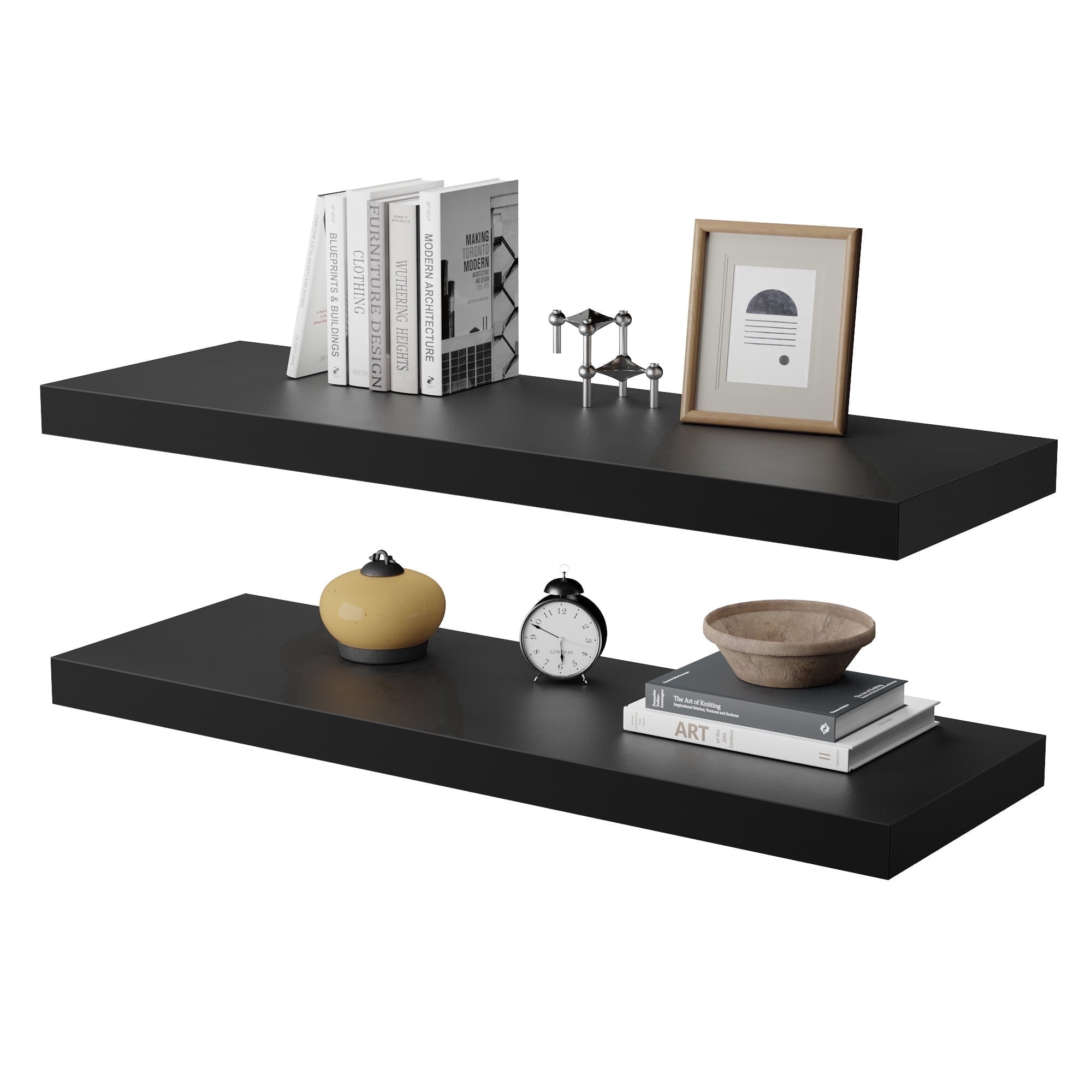 Dumekko Large Floating Shelves for Wall Set of 2 Wooden Wall Shelves 24 in x 10 in x 1 in Room Decor Long Shelf with Invisible Wall Mount Bracket for Bedroom, Kitchen, Living Room, Black