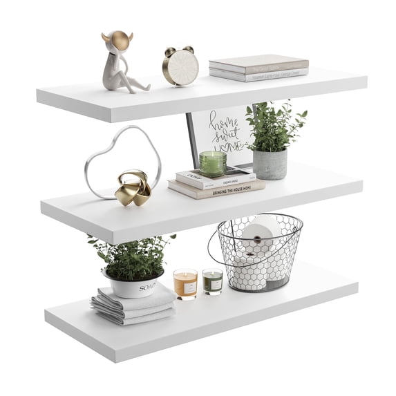 Dumekko Large Floating Shelves for Wall Set of 3 Wooden Wall Shelves 24 in x 10 in x 1 in Room Decor Long Shelf with Invisible Wall Mount Bracket for Bedroom, Kitchen, Living Room, White