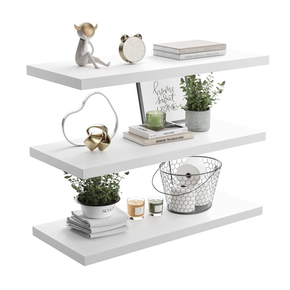 Dumekko Large Floating Shelves for Wall Set of 3 Wooden Wall Shelves 36 in x 10 in x 1 in Room Decor Long Shelf with Invisible Wall Mount Bracket for Bedroom, Kitchen, Living Room, White