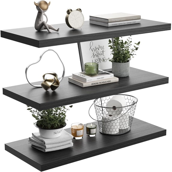 Dumekko Large Floating Shelves for Wall Set of 3 Wooden Wall Shelves 36 in x 10 in x 1 in Room Decor Long Shelf with Invisible Wall Mount Bracket for Bedroom, Kitchen, Living Room, Black Wood