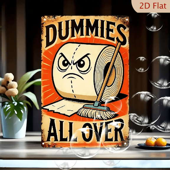 Dummies All Over 8x12 Inches Vintage Distressed Retro Humor Wall Art, Funny Angry Toilet Paper Broke Comic Print Metal Tin Sign for Kitchen Bathroom Decor