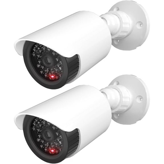 Dummy Fake Camera, Surveillance Security CCTV Dome Indoor Outdoor Cameras, with One LED Light, Alert Sticker Decals (TC-W2), 2 Pack, White