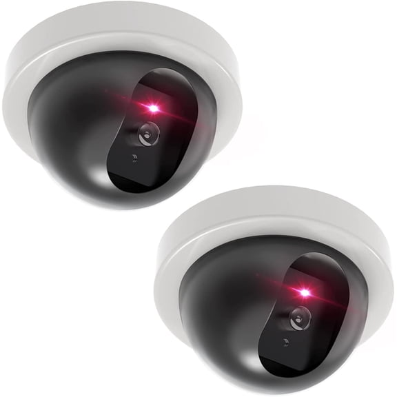 Dummy Fake Security CCTV Dome Camera with Flashing Red LED Light Alert Sticker Decals (SDW-2), 2 Packs, White