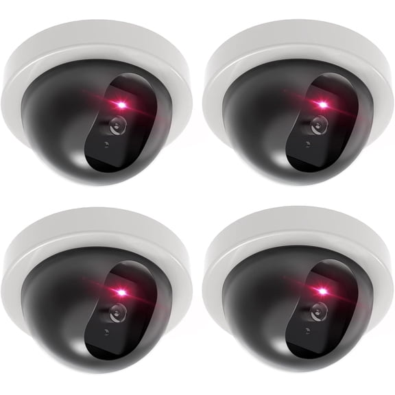 Dummy Fake Security CCTV Dome Camera with Flashing Red LED Light with Security Alert Sticker Decals (SDW-4), 4 Packs, White