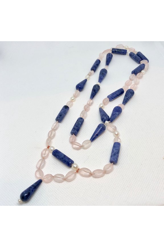 Dumortierite Freshwater Pearl and Rose Quartz 35 inch Necklace 210777
