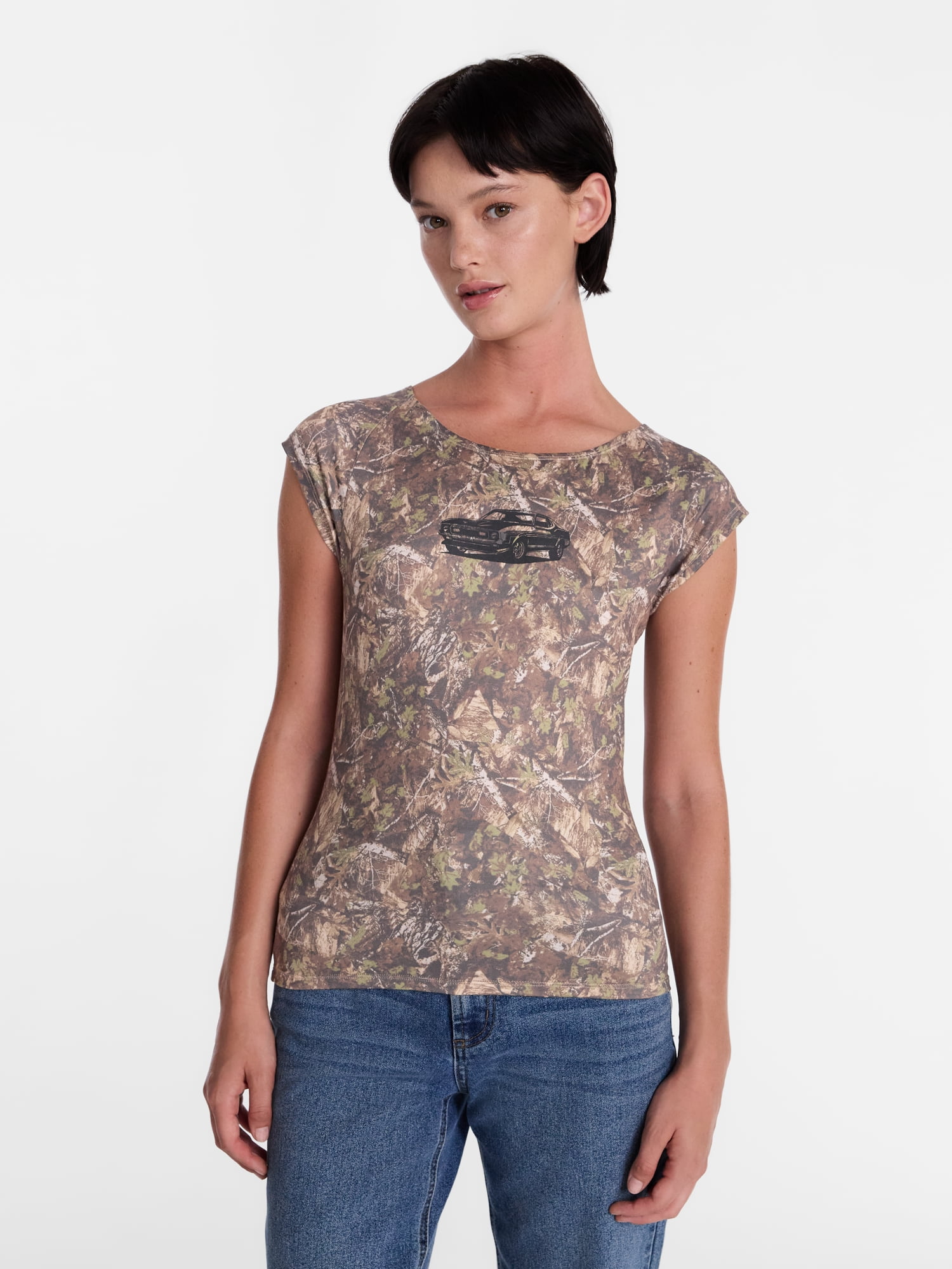 Muscle Car Women's Camo Graphic Tee with Cap Sleeves, Sizes XXS-XXL