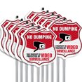 thumbnail image 1 of No Dumping Shield Sign This Property Is Protected By Video Surveillance (10 Pack) 12 inch X 12 inch Shield Shaped Rust-Free Aluminum Metal Signs with Aluminum Mounting Stakes Weather, 1 of 8