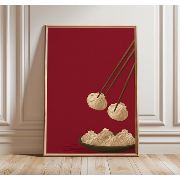 Dumpling Art Print Minimalist Chinese Cuisine Poster Red Kitchen Decor