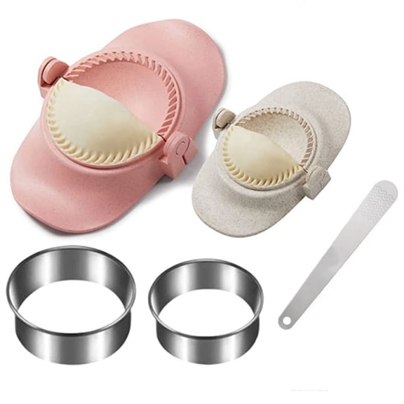 Dumpling Maker, Dumpling Dough Mold Set with Ring Cutter and Stuffing Spoon, Kitchen Gadget for Empanada,2 x size dumpling mold 2 x dough cutter 1 x stuffing spoon,Pink & Beige