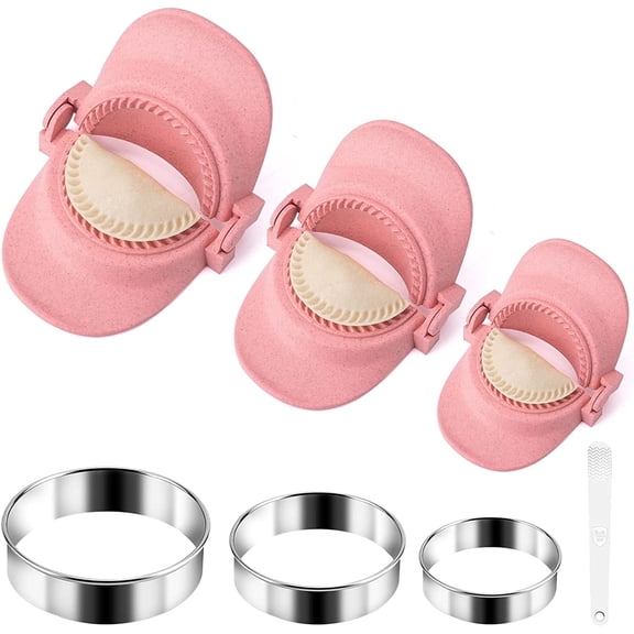 Dumpling Maker Empanadas Press Mold Set With Ring Dough Cutter and Stuffing Spoon for Making Pot Stickers, Wontons, Dumplings, Empanada Pastries (3 Sizes Pink)