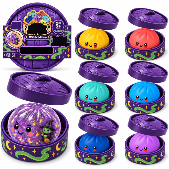Dumpling Mystery Squishy Toys, Random 1 of 7 Color, Mystery Halloween Witch Edition Dumpling, Stress Relief Sensory Squeeze for Holiday Gifts Party Favors