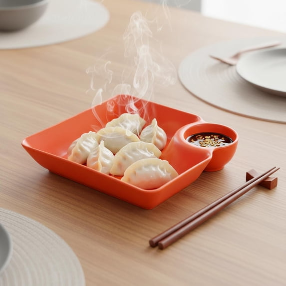 Dumpling Plate With Built-In Sauce Compartment, 2-In-1 Snack Plate With Dipping Cup, Food Serving Tray For Dumplings, Fries & Appetizers Red-18.3X4Cm