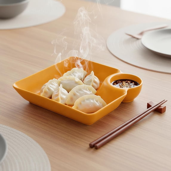 Dumpling Plate With Built-In Sauce Compartment, 2-In-1 Snack Plate With Dipping Cup, Plastic Food Serving Tray For Dumplings, Fries & Appetizers Yellow-18.3X4Cm