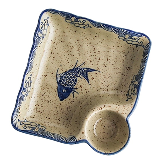 Dumpling Plate Ceramic Hand Painted Square Serving Dish with Dipping Area