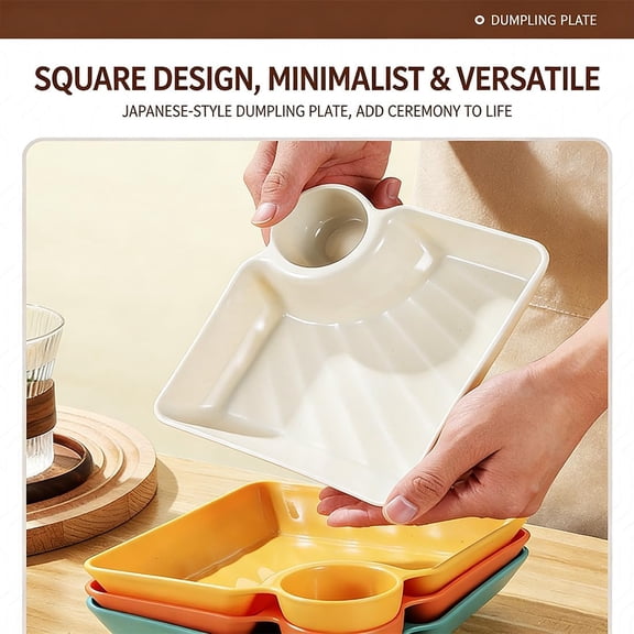 Dumpling Plate with Dipping Saucer, Divided Snack Plates, Chip and Dip Serving Dishes, Plastic Platter for Sushi Appetizer Taco Salsa Fruit Charcuterie, Reusable Tray for Home Party Buffet (Q)