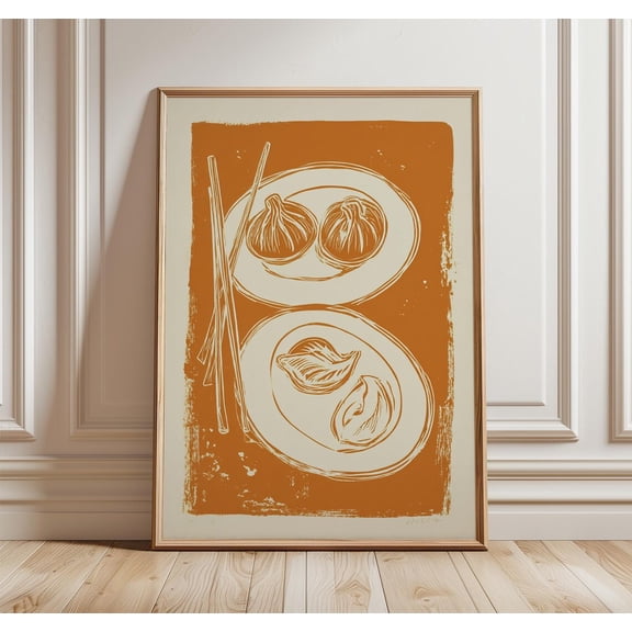 Dumpling Plate Orange Retro Kitchen Wall Art Asian Food Linocut Art, Unframed Canvas