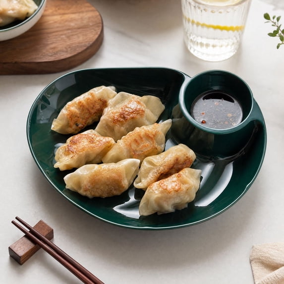 Dumpling Serving Plate with Built-in Sauce Compartment Divided Snack Dish for Kitchen Dining Table Appetizer Sushi Dessert Home Daily Use Party Supplies
