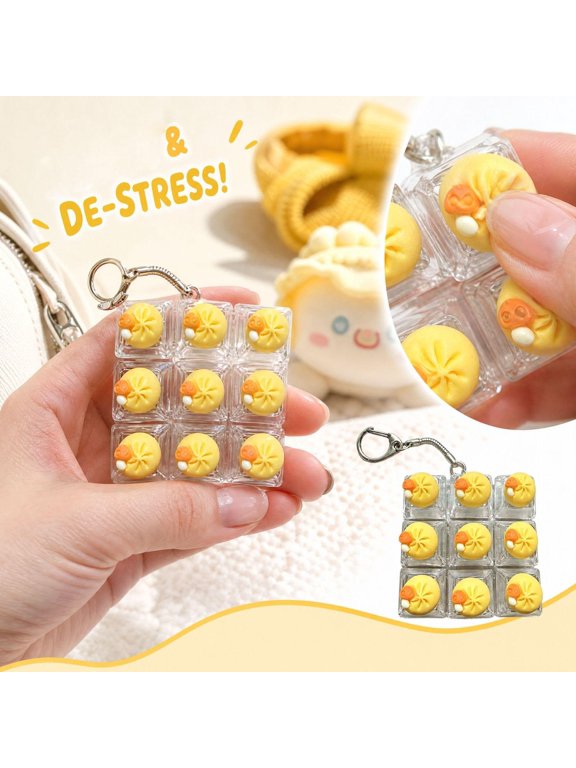 Dumpling Squeeze Keychain with Clicky Keys and Metal Carabiner, 9-Key Grid, Yellow and Clear Plastic, for Bag Charm, Relaxation Toys
