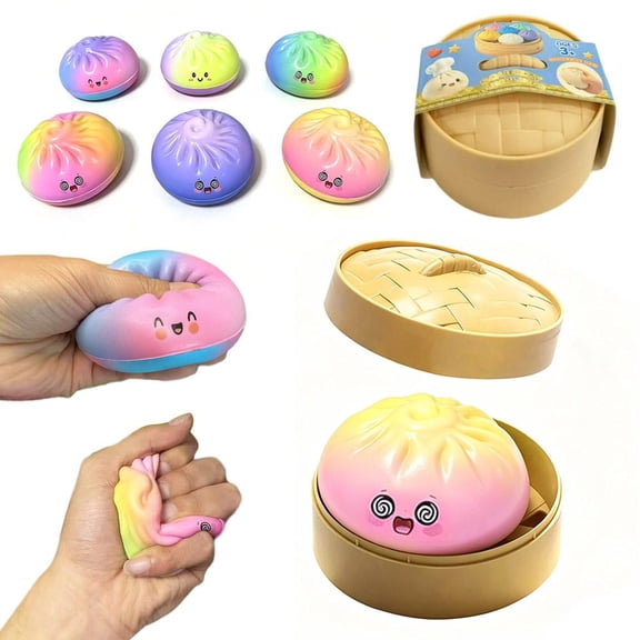 Dumpling Squishies, Colorful Dumplings Stress Balls Fidget Sensory Toy, Cute Steamed Bun Toy with Food Steamer, for Easter Basket Stuffers Party Favors