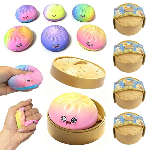 Dumpling Squishies Mystery Box, Colorful Glitter Steamed Bun Stress Ball, Soft Sensory Fidget Toy with Steamer for Kids & Adults, Stocking Stuffer