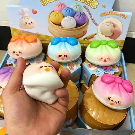 Dumpling Squishies Mystery Box, Colorful Glitter Steamed Bun Stress Ball, Soft Sensory Fidget Toy with Steamer for Kids & Adults, Stocking Stuffer
