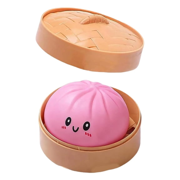 Giant Dumpling Squishy Stress Ball with Steamer Case, 4 Inch Soft Squeeze Sensory Fidget Toy 1 Pack, Pink Mystery Bun for Anxiety Relief Focus Calm Adults Kids