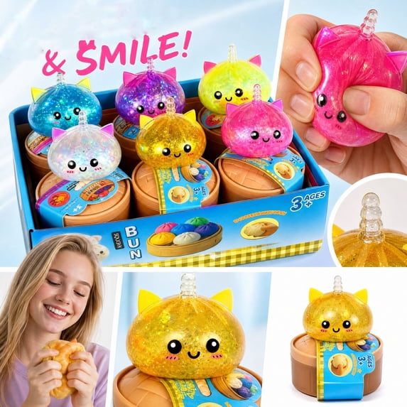 Dumpling Squishy Cat Ear Bun Slow Rising Toys, Glitter Filled Sensory Squeeze Fidget Toys Adult Desk Stress Relief