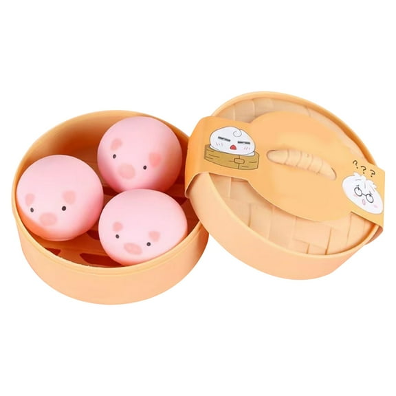 Dumpling Squishy Stress Balls, Large Steamed Bun Squeeze Toys, Sensory Fidget Anxiety Relief Toys, 3 Pack Soft Elastic Washable With Steamer Focus Aid, Squishies for Birthday Party Favors,Pink